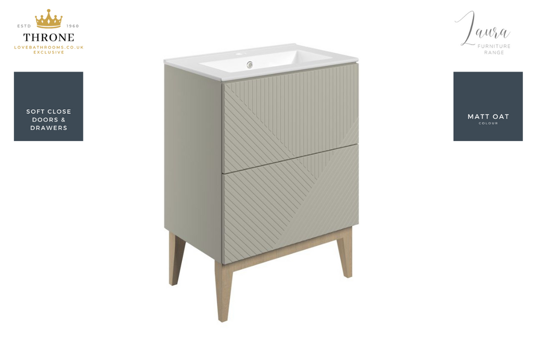 Throne - Laura - 615mm Floor Standing 2 Drawer Basin Unit & Basin - Matt Oat