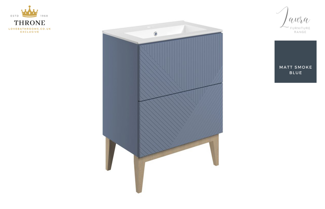 Throne - Laura - 615mm Floor Standing 2 Drawer Basin Unit & Basin - Matt Smoke Blue