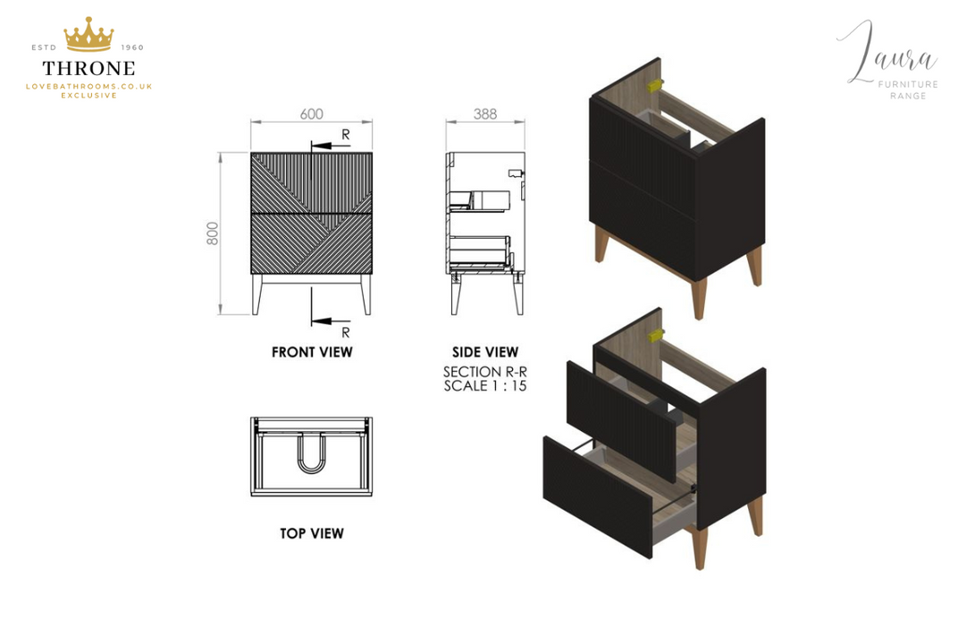 Throne - Laura - 615mm Floor Standing 2 Drawer Basin Unit & Basin - Matt Smoke Blue