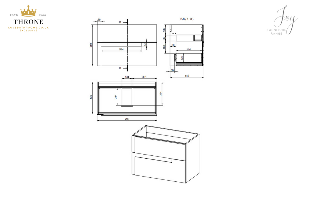 Throne - Ivy - 805mm Wall Hung 2 Drawer Basin Unit & Co-ordinating Basin - Matt Cotton & Oak Effect