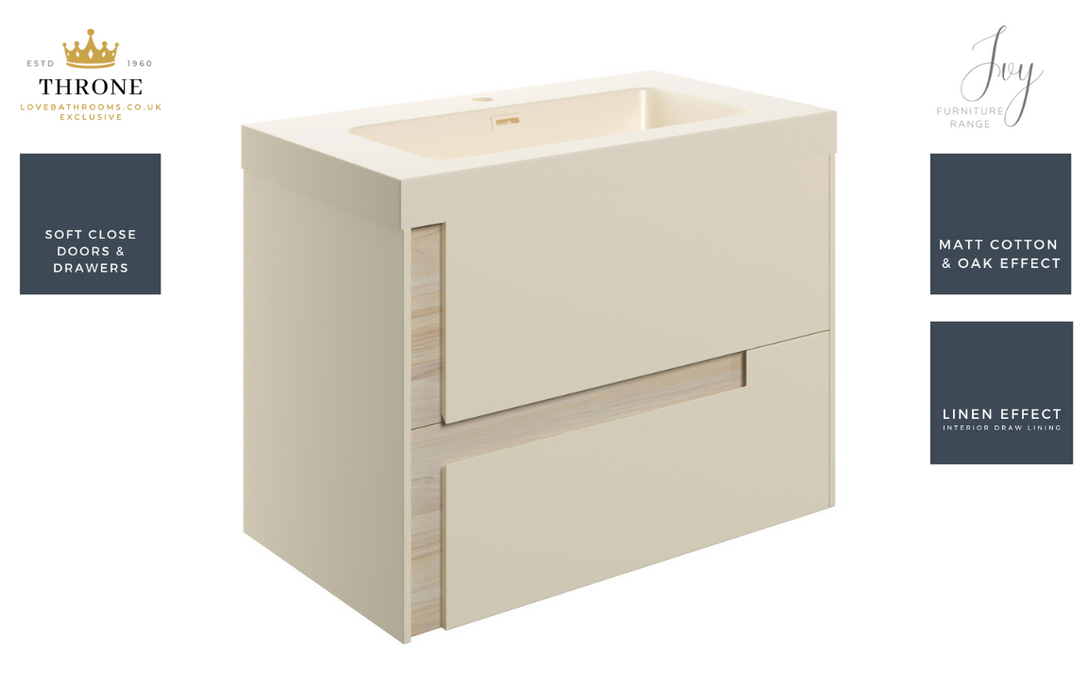 Throne - Ivy - 805mm Wall Hung 2 Drawer Basin Unit & Co-ordinating Basin - Matt Cotton & Oak Effect