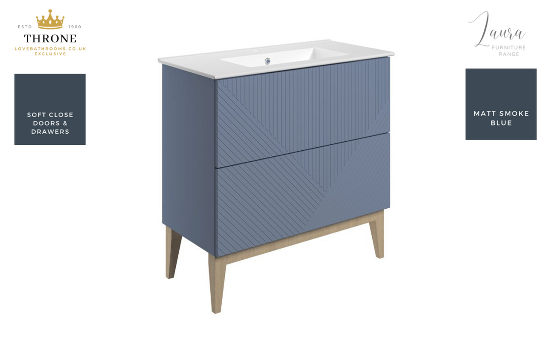 Throne - Laura - 815mm Floor Standing 2 Drawer Basin Unit & Basin - Matt Smoke Blue