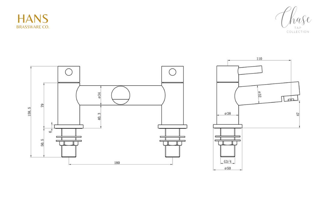 Hans Brassware Co. - Chase - Bath Filler Bathroom Tap - Chrome