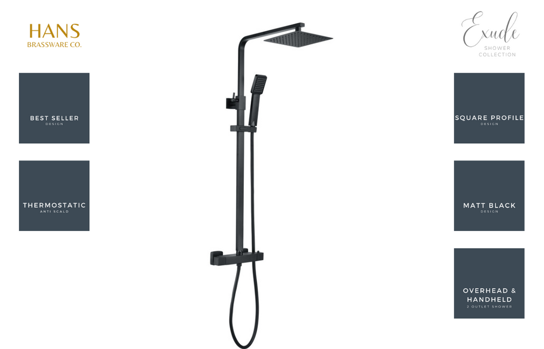 Hans Brassware Co. - Exude - Matt Black - Square Thermostatic Twin Head Bar Valve Mixer Shower