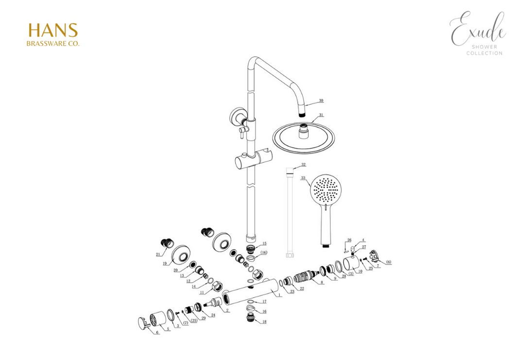 Hans Brassware Co. - Exude - Brushed Brass - Round Thermostatic Twin Head Bar Valve Mixer Shower