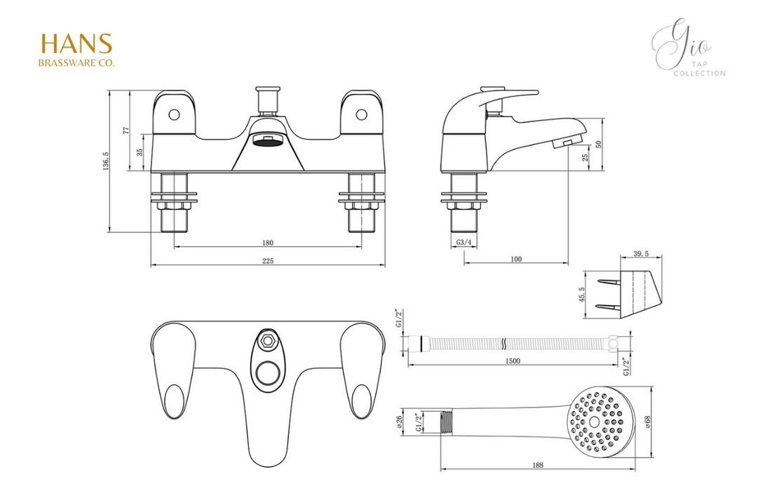 Hans Brassware Co. - Gio - Low Pressure Bath Shower Mixer Bathroom Tap - Chrome