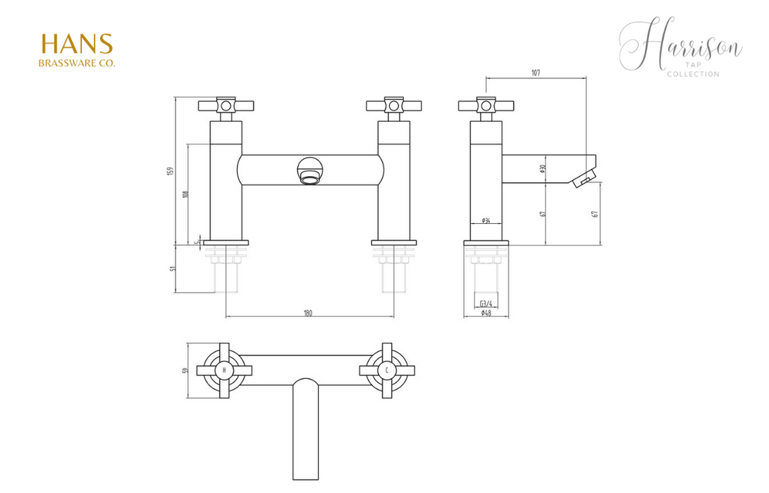 Hans Brassware Co. - Harrison - Bath Filler Bathroom Tap - Chrome