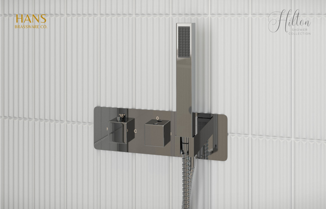 Hans Brassware Co. - Hilton Shower Pack Two - Twin Control Two Outlet Shower Valve Kit Square - w/Handset & Brass Overhead