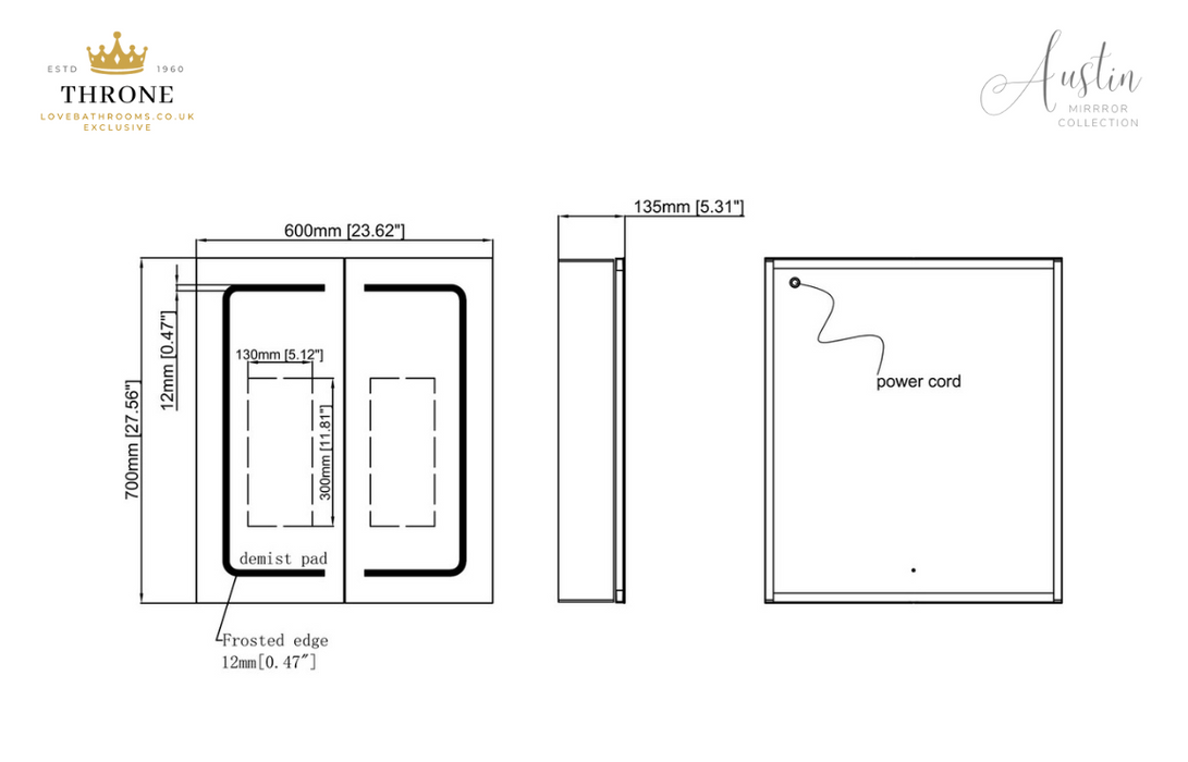 Throne - Austin - 600mm 2 Door Front-Lit LED Bathroom Mirror Cabinet