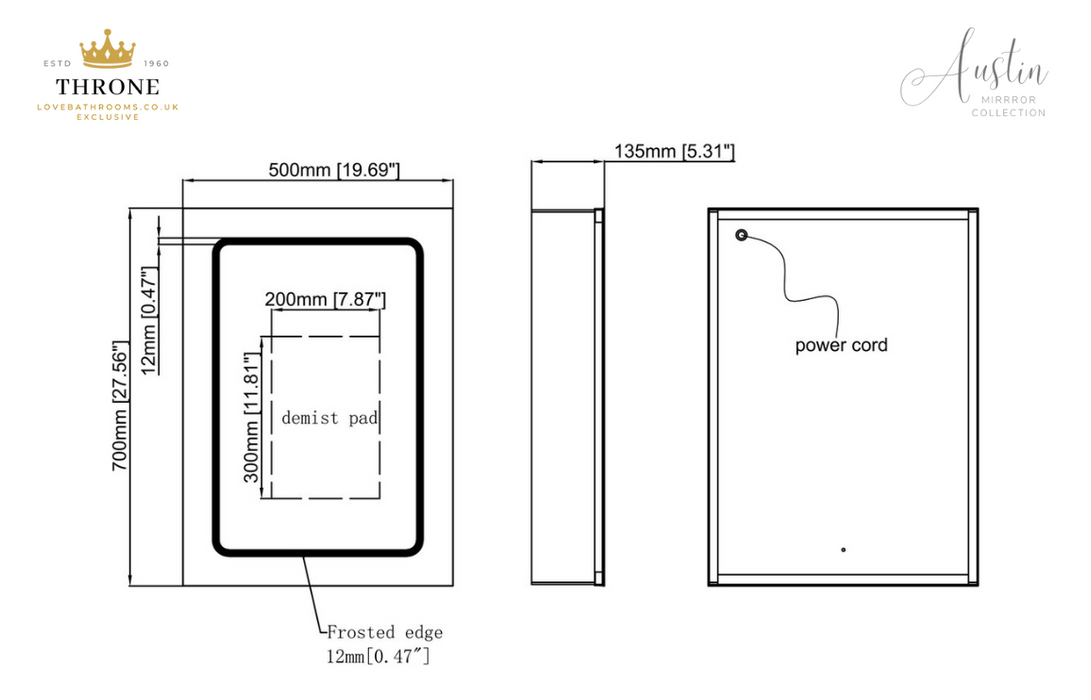 Throne - Austin - 500mm 1 Door Front-Lit LED Bathroom Mirror Cabinet