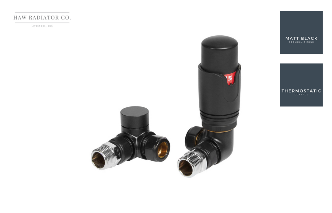 HAW Rad Co. - Round Thermostatic Matt Black Radiator Valves - Corner TRV