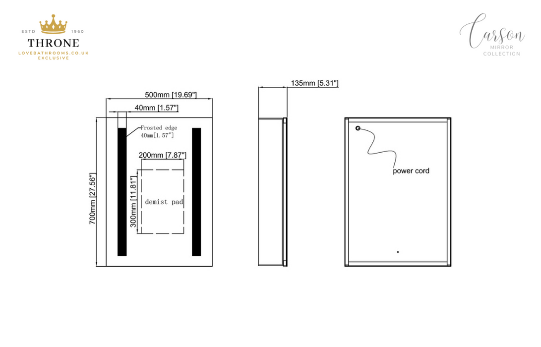 Throne - Carson - 500mm 1 Door Front-Lit LED Bathroom Mirror Cabinet