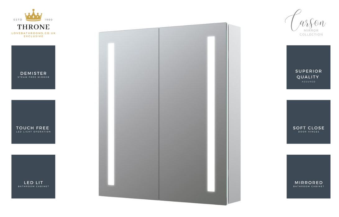 Throne - Carson - 600mm 2 Door Front-Lit LED Bathroom Mirror Cabinet