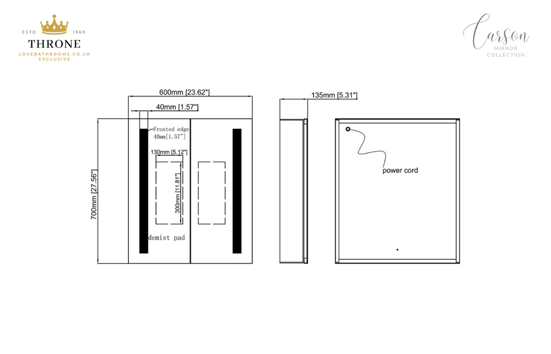 Throne - Carson - 600mm 2 Door Front-Lit LED Bathroom Mirror Cabinet