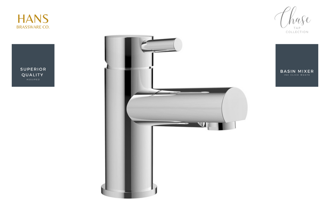 Hans Brassware Co. - Chase - Basin Mixer Bathroom Tap & Click Clack Waste - Chrome