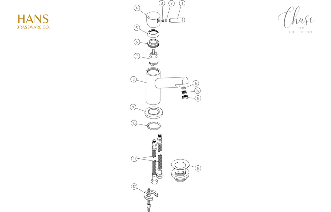 Hans Brassware Co. - Chase - Basin Mixer Bathroom Tap & Click Clack Waste - Chrome