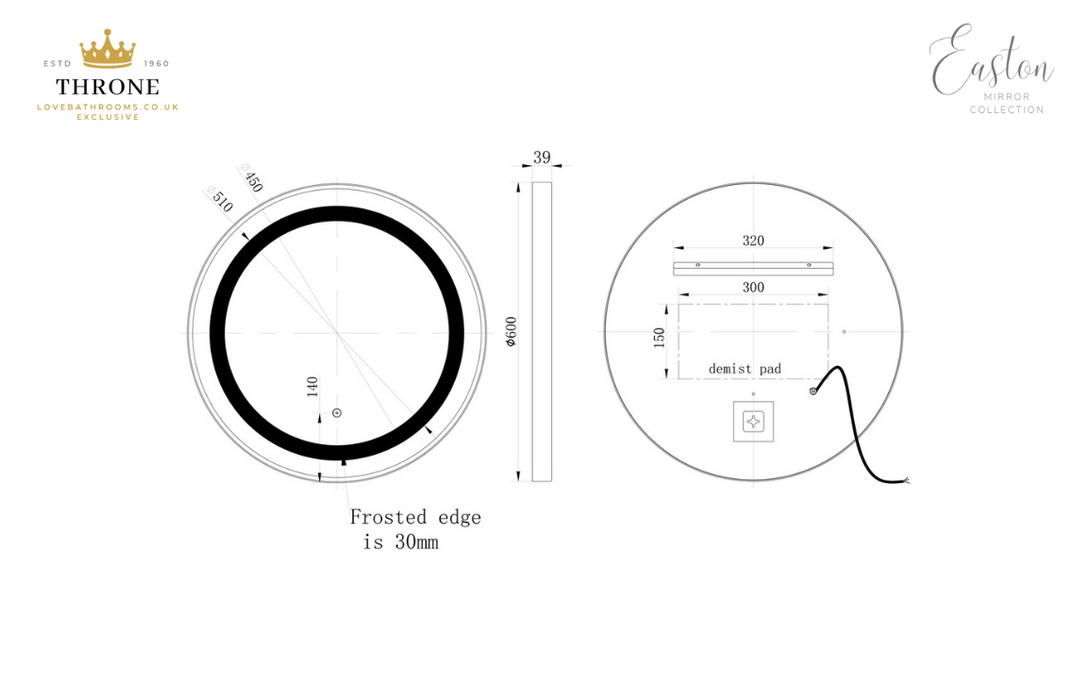 Throne - Easton - 600mm Round Front-Lit LED Bathroom Mirror - Matt Black