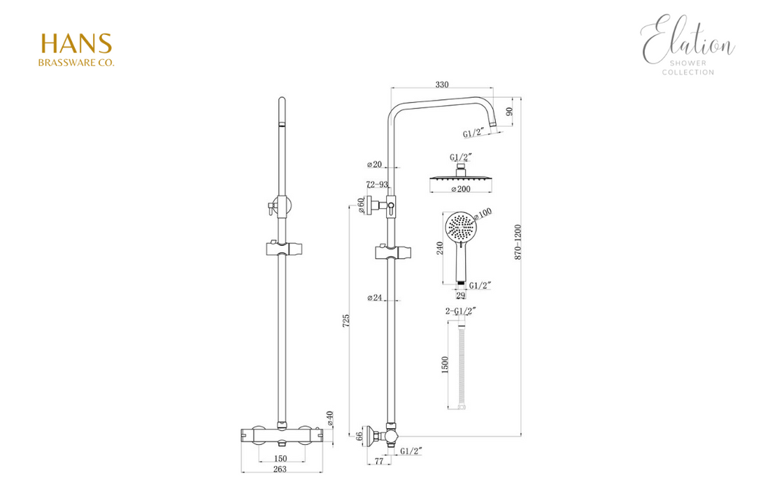 Hans Brassware Co. - Elation - Thermostatic Twin Head Bar Valve Mixer Shower