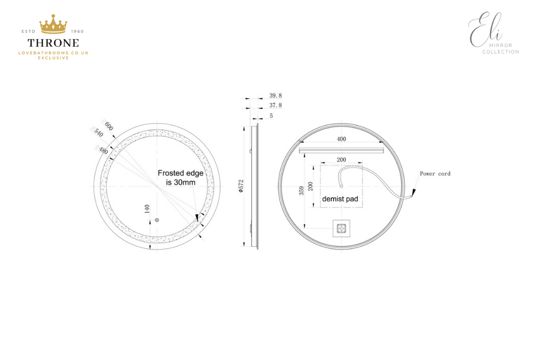 Throne - Eli - 600mm Round Front-Lit LED Bathroom Mirror