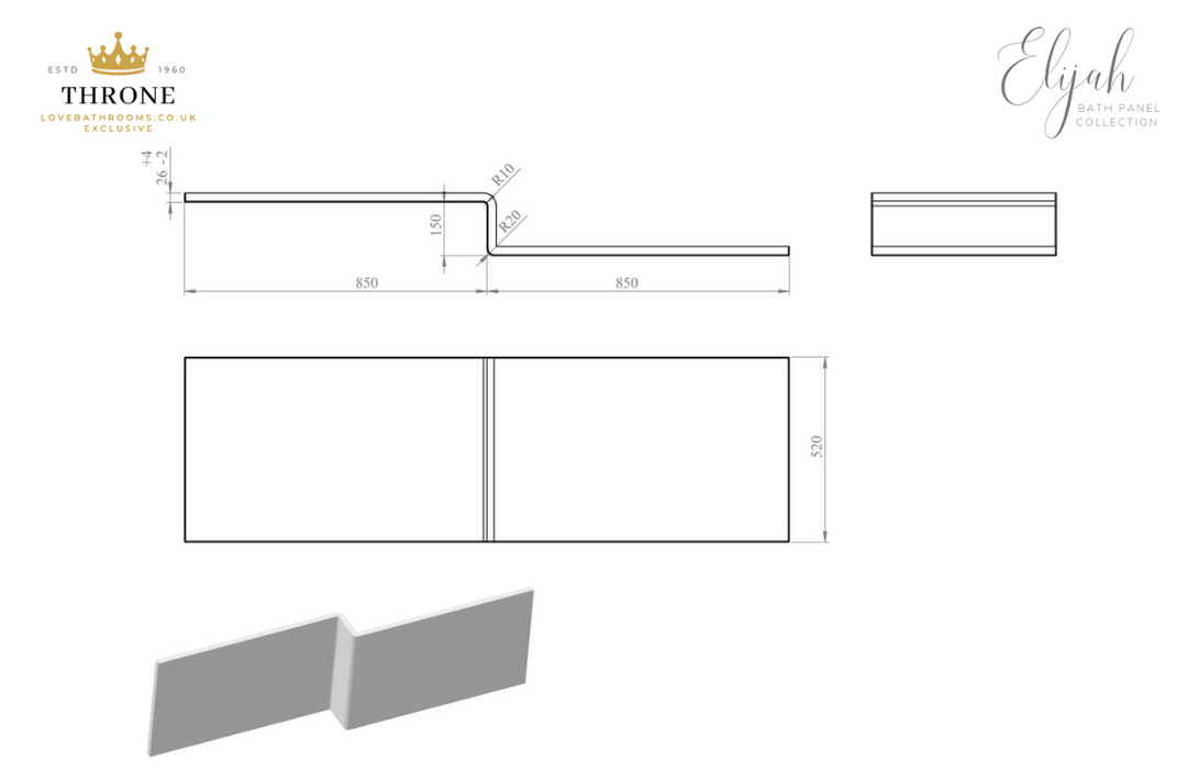 Throne - Elijah - L Shape Shower Bath - 1700mm Front Panel - White