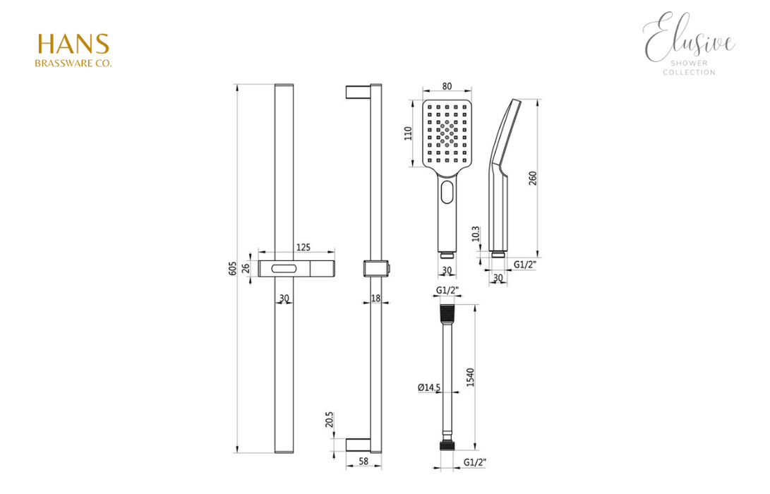 Hans Brassware Co. - Elusive Shower Pack One - Twin Control Single Outlet Shower Valve Kit Square - w/Riser Kit