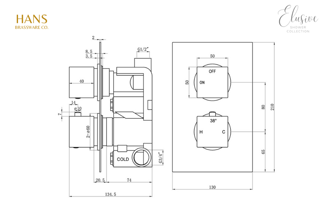 Hans Brassware Co. - Elusive Shower Pack Two - Twin Control Single Outlet Shower Valve Kit Square - w/Overhead