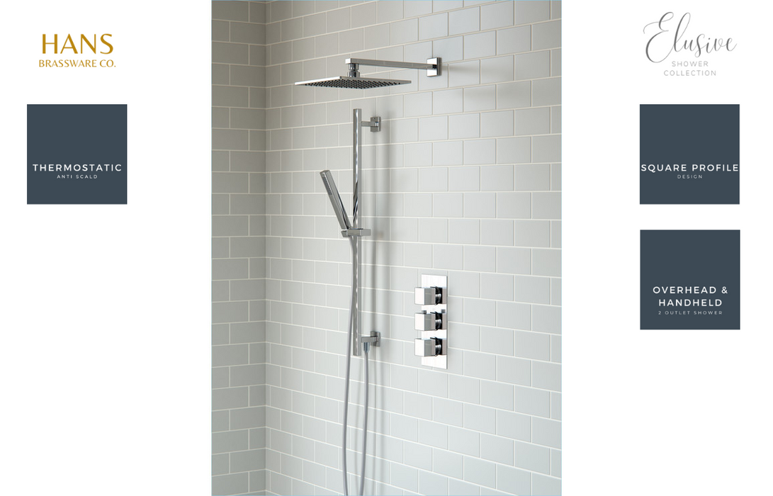 Hans Brassware Co. - Elusive Shower Pack Three - Triple Control Two Outlet Shower Valve Kit Square - w/Riser & Overhead Kit