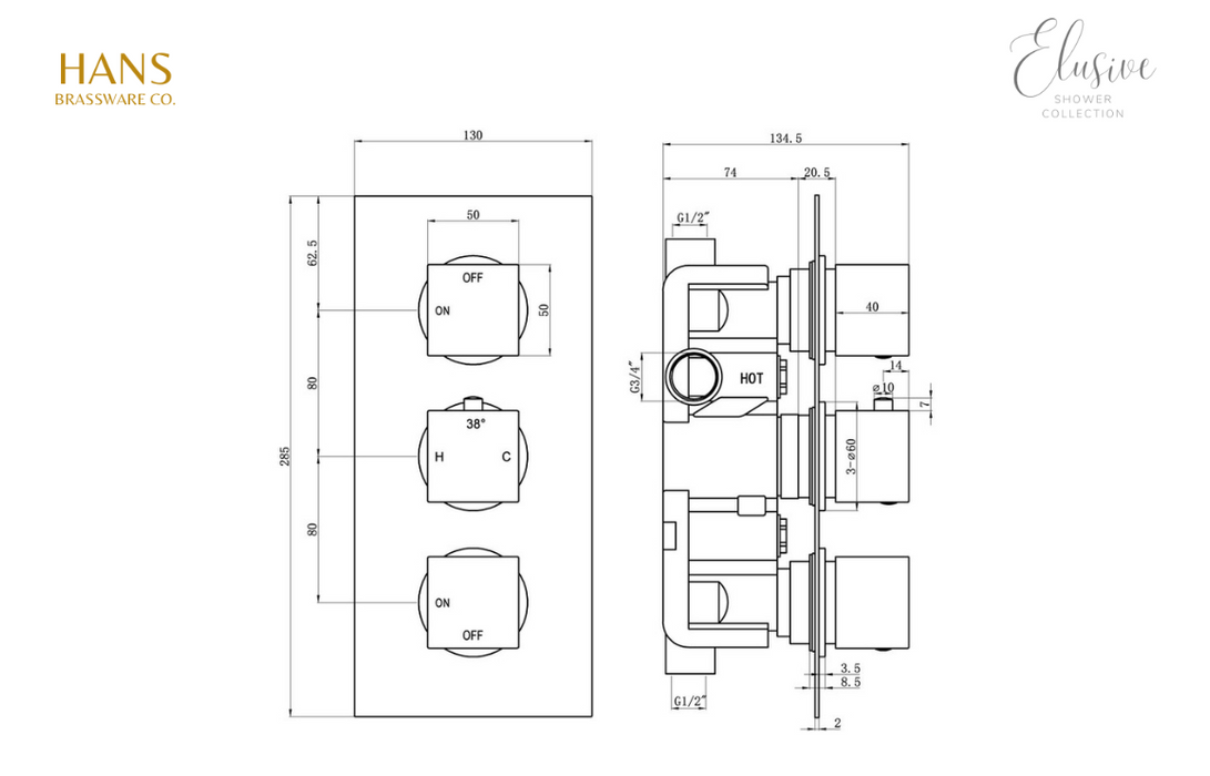 Hans Brassware Co. - Elusive Shower Pack Three - Triple Control Two Outlet Shower Valve Kit Square - w/Riser & Overhead Kit