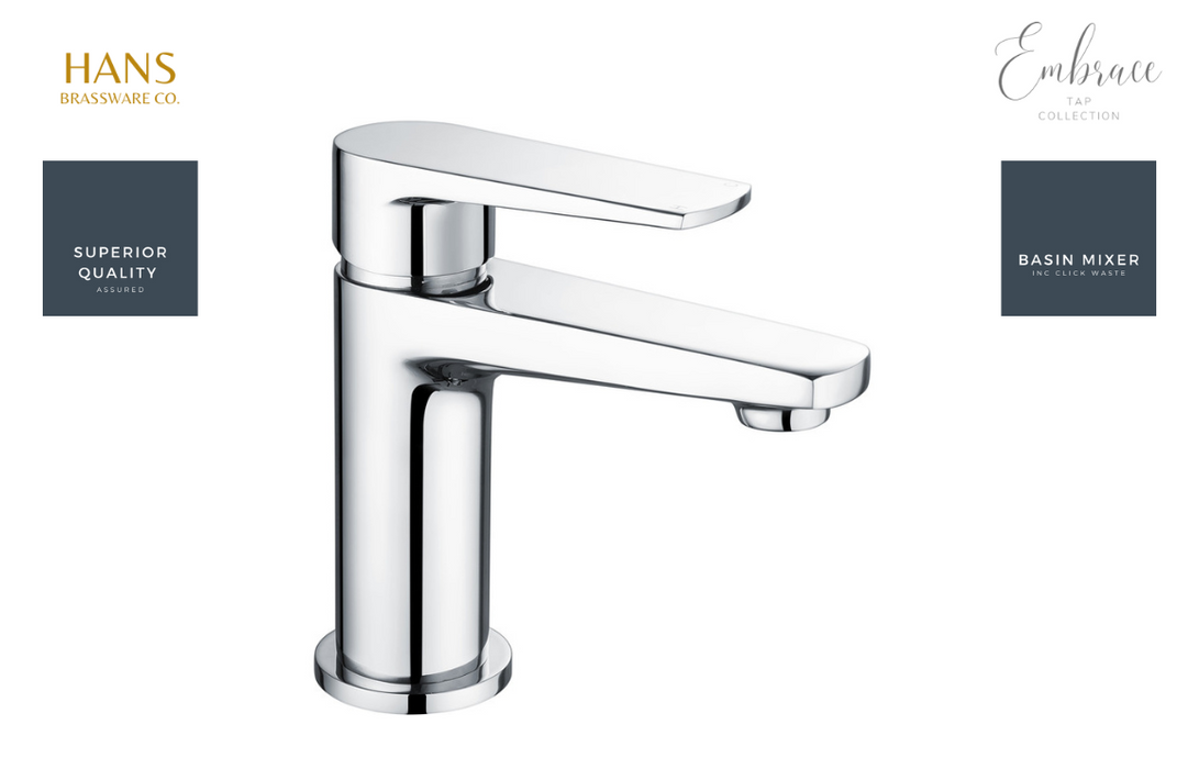 Hans Brassware Co. - Embrace - Mono Basin Mixer Bathroom Tap & Click Clack Waste - Chrome