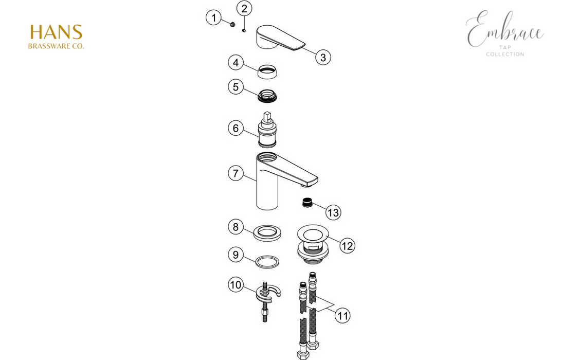 Hans Brassware Co. - Embrace - Mono Basin Mixer Bathroom Tap & Click Clack Waste - Chrome