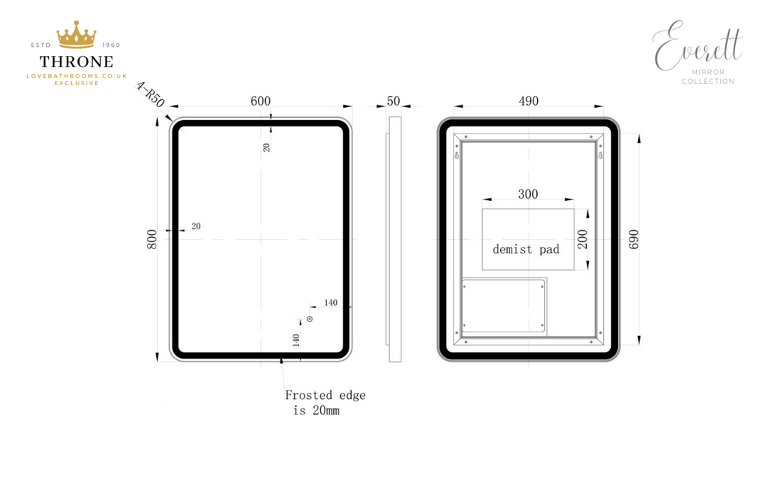 Throne - Everett - 600mm Rectangle Front-Lit LED Bathroom Mirror - Matt Black