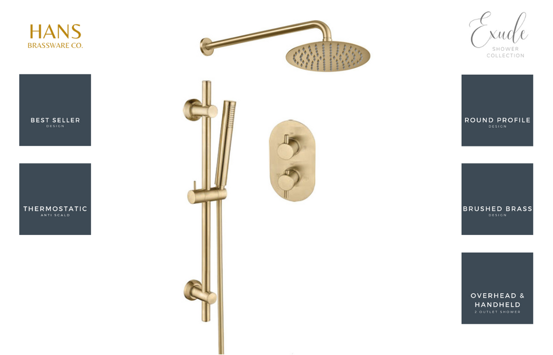 Hans Brassware Co. - Exude - Brushed Brass -Two Outlet Shower Valve w/Riser & Overhead Shower Kit