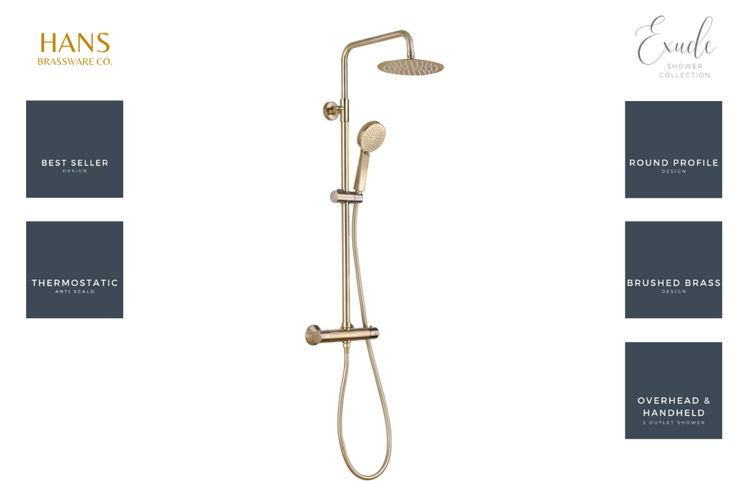 Hans Brassware Co. - Exude - Brushed Brass - Round Thermostatic Twin Head Bar Valve Mixer Shower