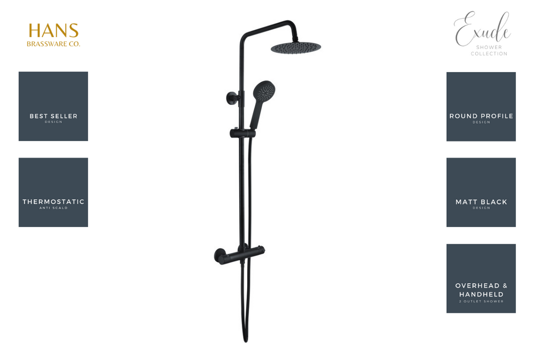 Hans Brassware Co. - Exude - Matt Black - Round Thermostatic Twin Head Bar Valve Mixer Shower