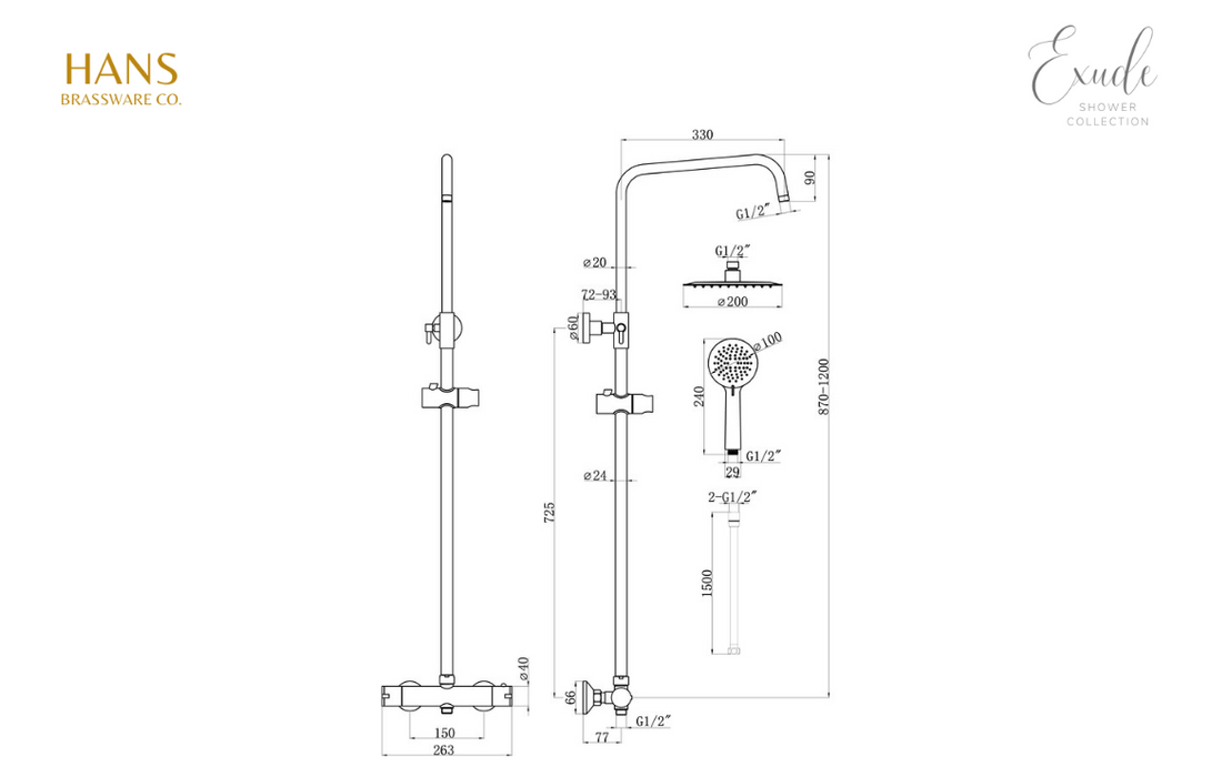 Hans Brassware Co. - Exude - Matt Black - Round Thermostatic Twin Head Bar Valve Mixer Shower