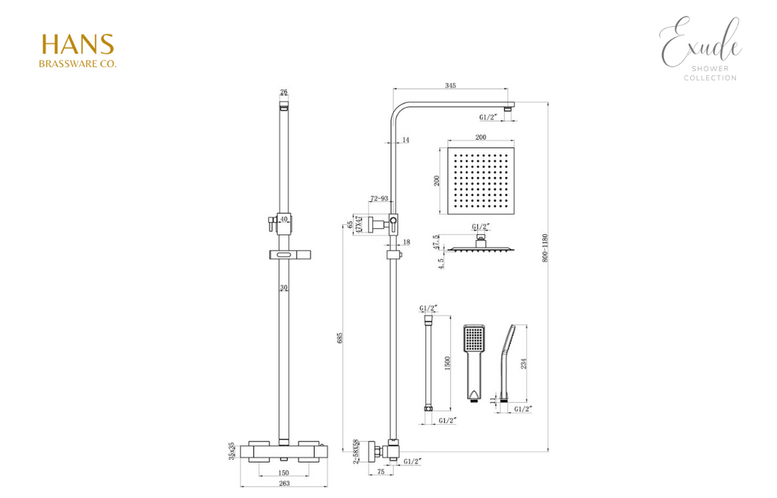 Hans Brassware Co. - Exude - Matt Black - Square Thermostatic Twin Head Bar Valve Mixer Shower