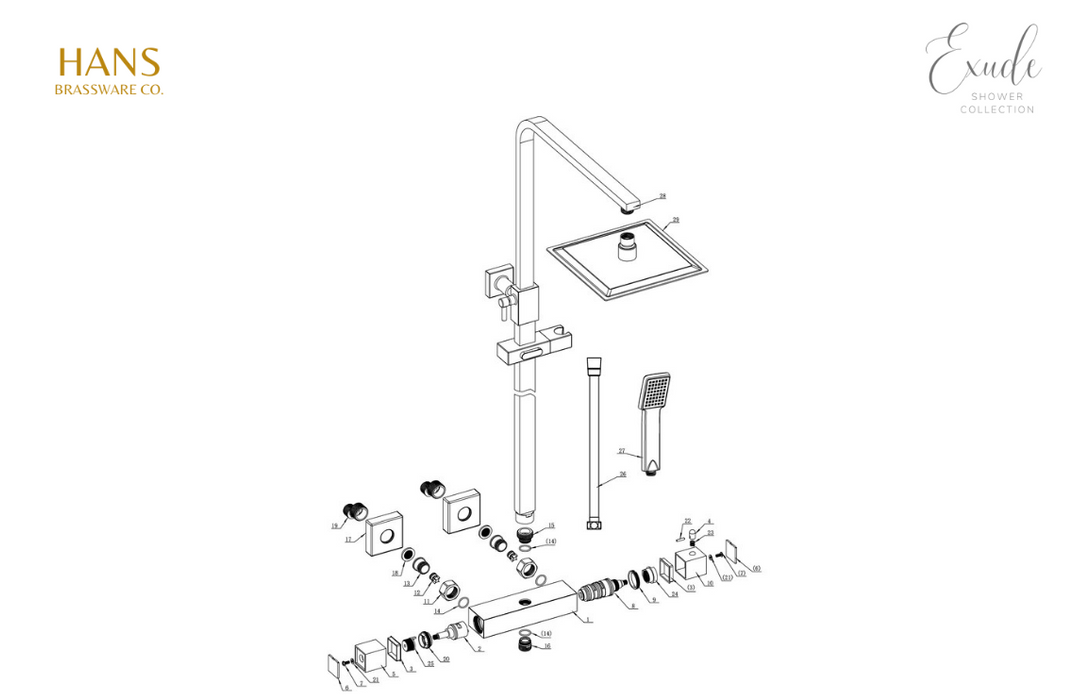 Hans Brassware Co. - Exude - Matt Black - Square Thermostatic Twin Head Bar Valve Mixer Shower