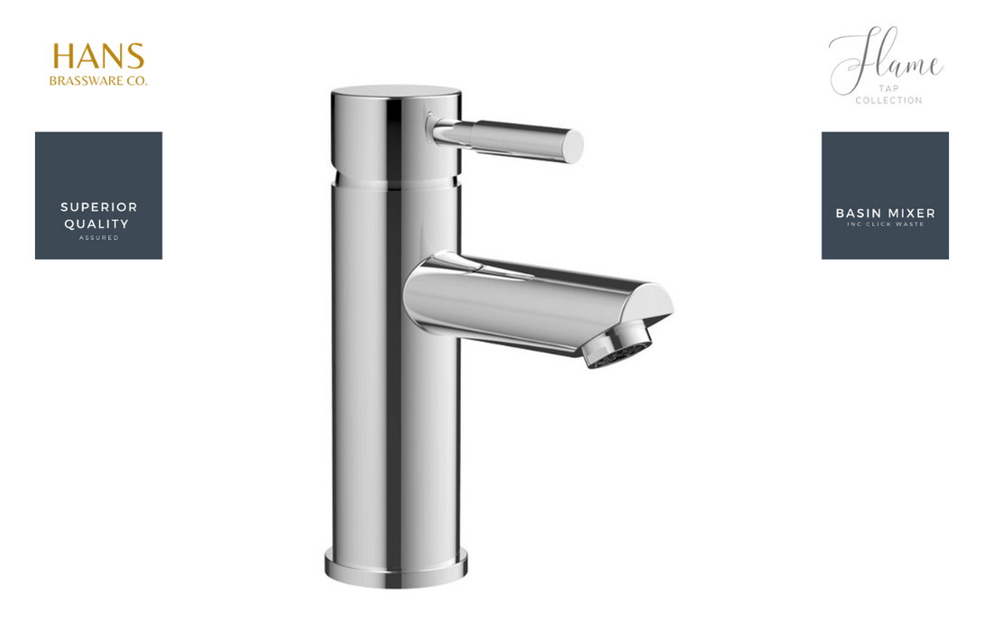 Hans Brassware Co. - Flame - Basin Mixer Bathroom Tap & Click Clack Waste - Chrome