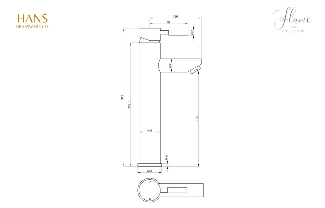 Hans Brassware Co. - Flame - Mono Tall Basin Bathroom Tap - Chrome