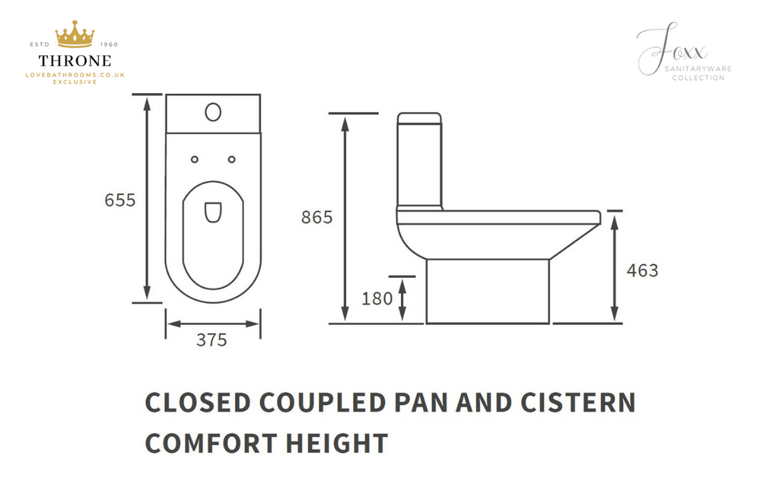 Throne - Foxx - Rimless Close Coupled Comfort Height WC Toilet & Soft Close Seat