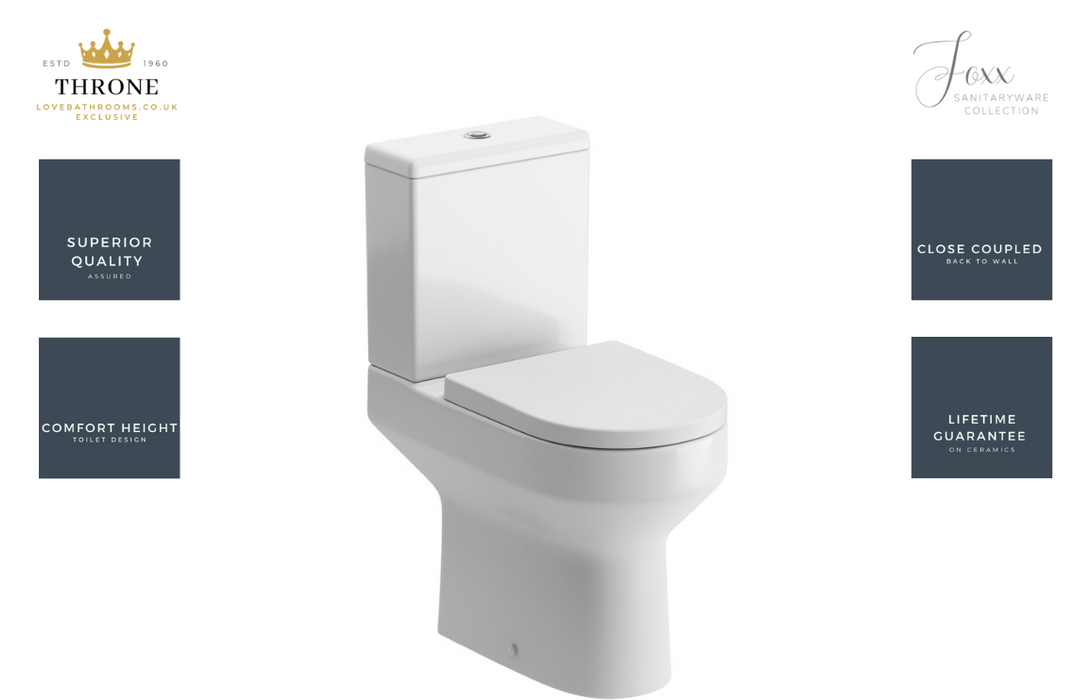 Throne - Foxx - Rimless Close Coupled Comfort Height WC Toilet & Soft Close Seat