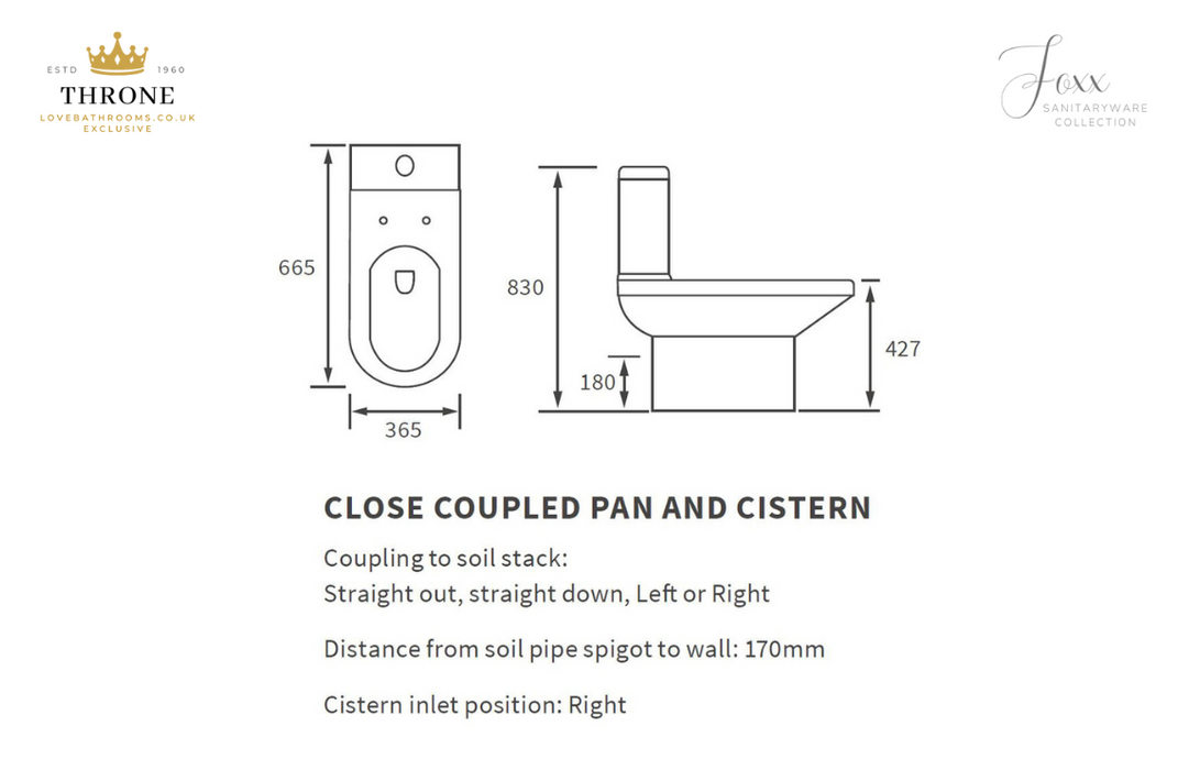 Throne - Foxx - Close Coupled Open Back WC Toilet & Soft Close Seat