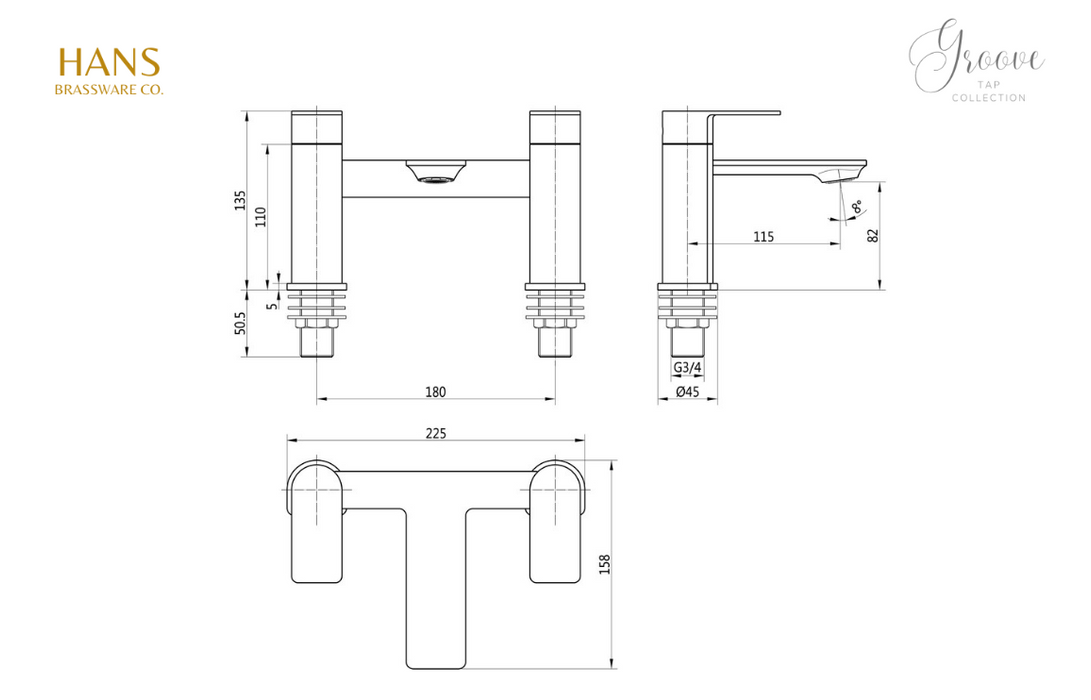 Hans Brassware Co. - Groove - Bath Filler Bathroom Tap - Chrome