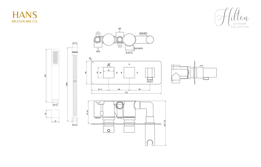 Hans Brassware Co. - Hilton Shower Pack Two - Twin Control Two Outlet Shower Valve Kit Square - w/Handset & Brass Overhead