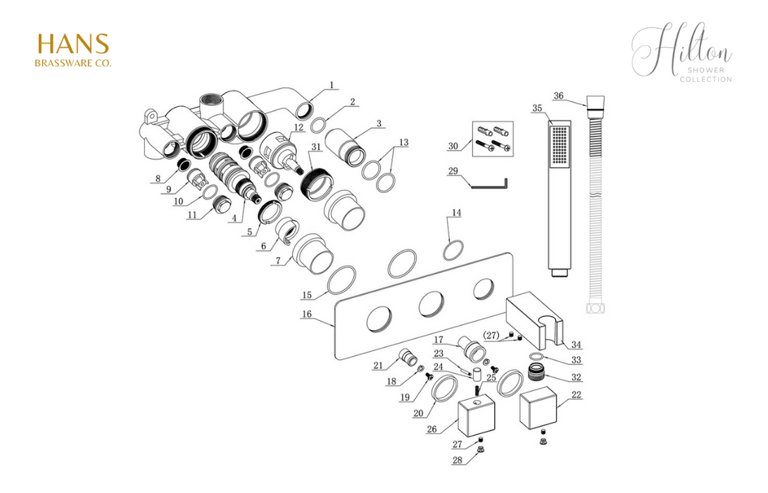 Hans Brassware Co. - Hilton Shower Pack Two - Twin Control Two Outlet Shower Valve Kit Square - w/Handset & Brass Overhead