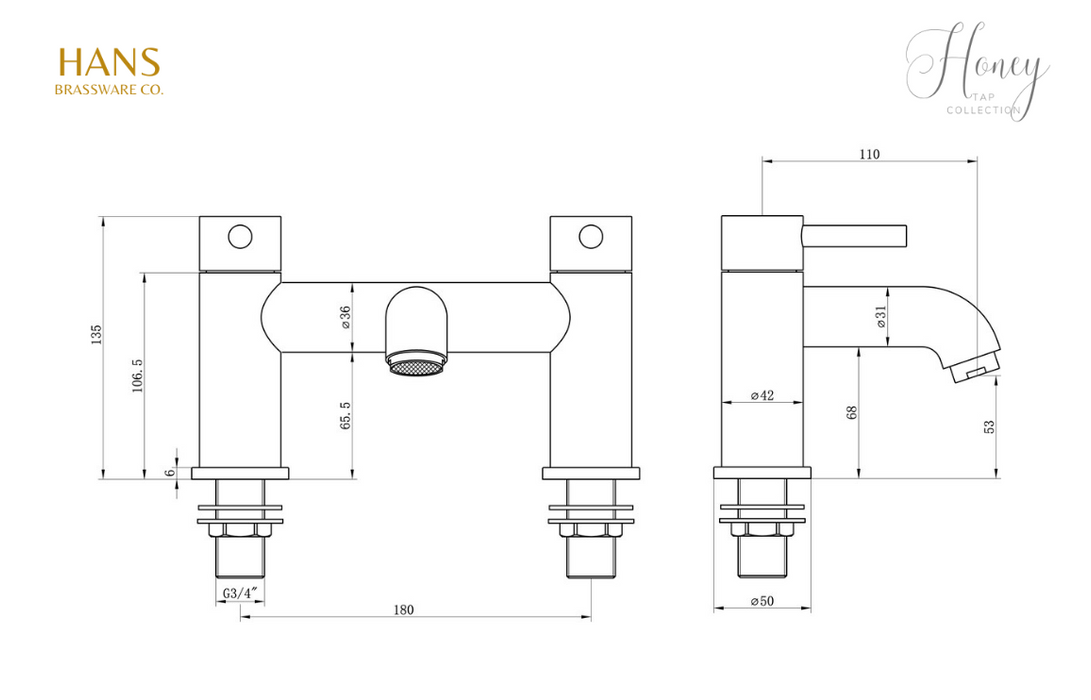 Hans Brassware Co. - Honey - Bath Filler Bathroom Tap - Brushed Brass