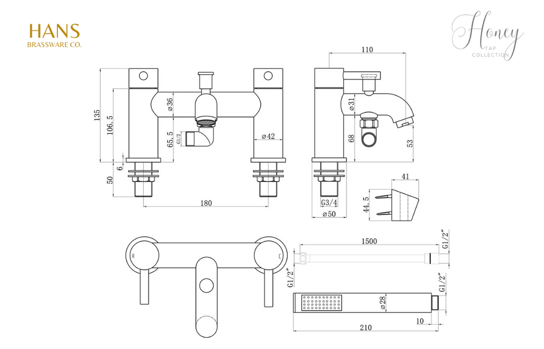 Hans Brassware Co. - Honey - Bath Shower Mixer Bathroom Tap - Brushed Brass