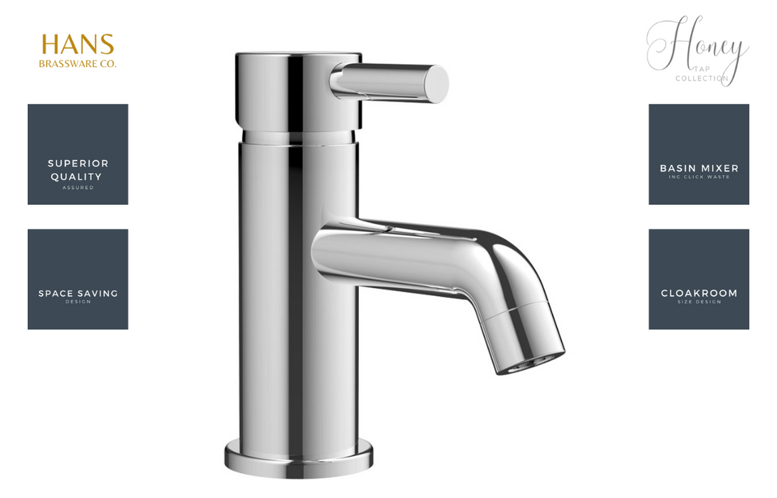 Hans Brassware Co. - Honey - Cloakroom Basin Mixer Bathroom Tap & Click Clack Waste - Chrome