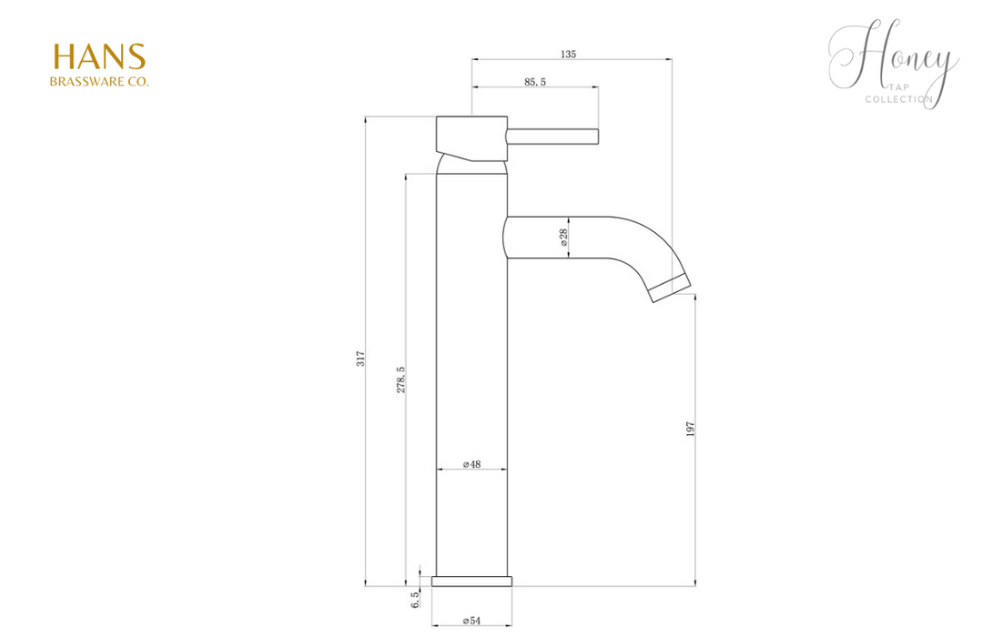 Hans Brassware Co. - Honey - Mono Tall Basin Bathroom Tap - Chrome