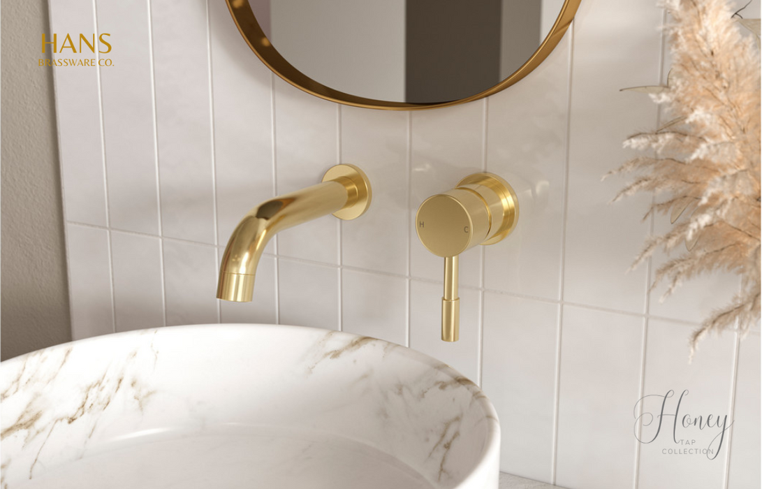 Hans Brassware Co. - Honey - Wall Mounted Basin Mixer Bathroom Tap - Brushed Brass